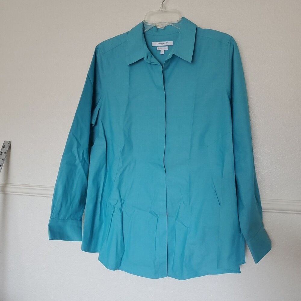 Foxcroft NYC Button Up Shirt Heritage Non Iron Women 14 Blue Cotton Long Sleeves